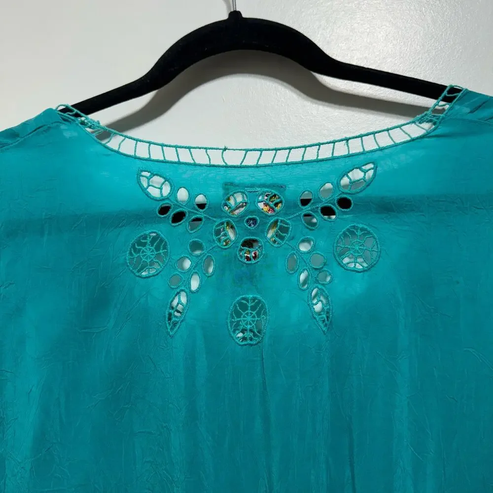 Johnny Was Teal Cupra Rayon Embroidered Cinch Waist Tunic Top Size S 3/4 Sleeve